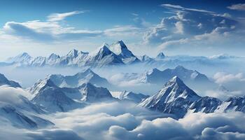 ai gegenereerd majestueus berg piek, sneeuw bedekt, blauw lucht, rustig landschap gegenereerd door ai foto