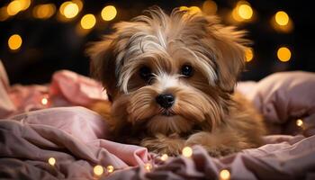 ai gegenereerd schattig puppy zittend door Kerstmis boom, op zoek knus en ontspannen gegenereerd door ai foto