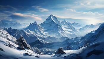ai gegenereerd majestueus berg piek, sneeuw gedekt landschap, rustig tafereel, panoramisch schoonheid gegenereerd door ai foto