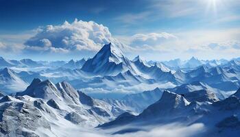 ai gegenereerd majestueus berg piek, sneeuw gedekt landschap, rustig tafereel, blauw lucht gegenereerd door ai foto
