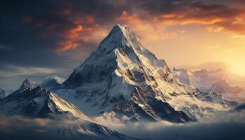 ai gegenereerd majestueus berg piek, sneeuw afgedekt, panoramisch schoonheid, rustig reis door natuur gegenereerd door ai foto