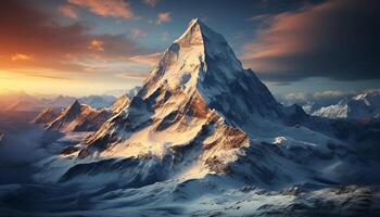 ai gegenereerd majestueus berg piek, sneeuw bedekt, natuur schoonheid in panoramisch visie gegenereerd door ai foto