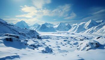 ai gegenereerd majestueus berg piek, sneeuw gedekt landschap, rustig tafereel gegenereerd door ai foto