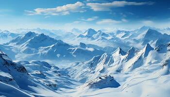 ai gegenereerd majestueus berg piek, sneeuw gedekt landschap, rustig natuur, ijzig schoonheid gegenereerd door ai foto