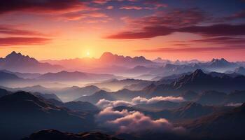 ai gegenereerd majestueus berg bereik, rustig zonsondergang, natuur schoonheid in panoramisch visie gegenereerd door ai foto