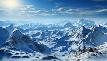 ai gegenereerd majestueus berg piek, sneeuw gedekt landschap, rustig tafereel, natuur schoonheid gegenereerd door ai foto