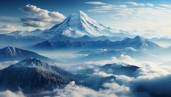 ai gegenereerd majestueus berg piek, blauw lucht, rustig weide natuur schoonheid gegenereerd door ai foto