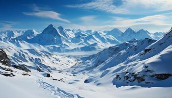 ai gegenereerd majestueus berg piek, rustig winter landschap, bevroren blauw lucht gegenereerd door ai foto