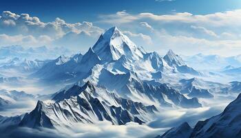 ai gegenereerd majestueus berg piek, sneeuw gedekt landschap, blauw lucht, rustig natuur gegenereerd door ai foto