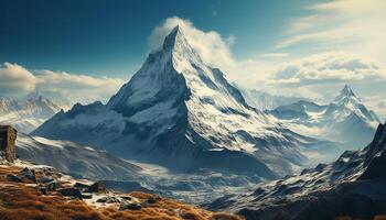 ai gegenereerd majestueus berg piek, sneeuw gedekt landschap, adembenemend panoramisch zonsondergang gegenereerd door ai foto