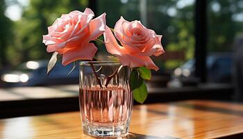 ai gegenereerd versheid van zomer bloem boeket in glas vaas Aan houten tafel gegenereerd door ai foto