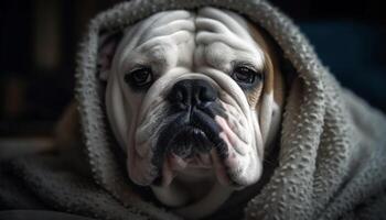 ai gegenereerd schattig bulldog puppy zittend buitenshuis, op zoek Bij camera met vacht gegenereerd door ai foto