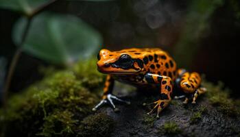 ai gegenereerd schattig pad zittend Aan nat blad in tropisch regenwoud gegenereerd door ai foto