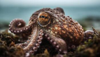 ai gegenereerd onderwater, dichtbij omhoog van schattig Octopus in natuurlijk zee schoonheid gegenereerd door ai foto
