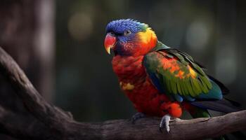 ai gegenereerd een levendig, multi gekleurde ara zitstokken Aan een Afdeling in natuur gegenereerd door ai foto