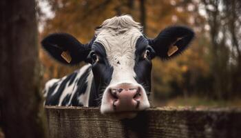 ai gegenereerd schattig Holstein vee begrazing Aan groen weide, op zoek Bij camera gegenereerd door ai foto