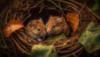 ai gegenereerd schattig klein knaagdier in de Woud, op zoek voor voedsel gegenereerd door ai foto