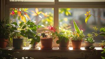 ai gegenereerd zonnig vensterbank vitrines levendig ingemaakt planten in zacht natuurlijk licht foto