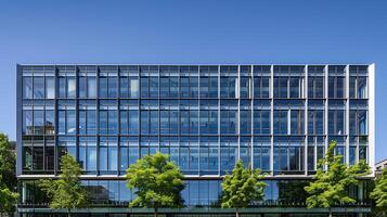 ai gegenereerd hedendaags kantoor gebouw gevangen genomen met telefoto lens tegen Doorzichtig blauw lucht en glas facade foto