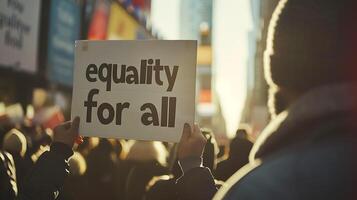 ai gegenereerd gelijkheid voor allemaal protest verschillend menigte houdt teken in zacht natuurlijk licht foto