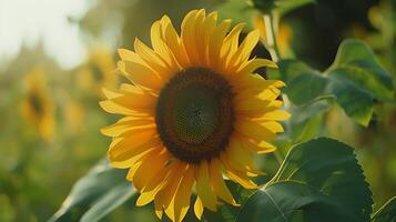 ai gegenereerd levendig zonnebloem bloei in veld- gevangen genomen in scherp detail met 50 mm lens foto