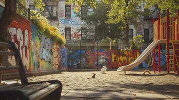 ai gegenereerd grillig konijn en nieuwsgierig eekhoorn onderzoeken kleurrijk stedelijk speelplaats temidden van graffiti en bloeiend bloemen foto