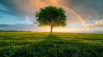 ai gegenereerd veerkracht en hoop een sterk boom staat in sereen gouden licht met regenboog en teder bries foto