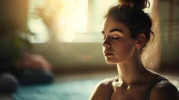 ai gegenereerd jong vrouw praktijken yoga in helder luchtig kamer badend in zacht natuurlijk licht foto