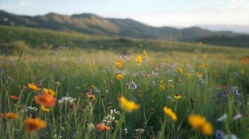 ai gegenereerd veld- van kleurrijk wilde bloemen badend in zacht natuurlijk licht omringd door wazig rollend heuvels foto