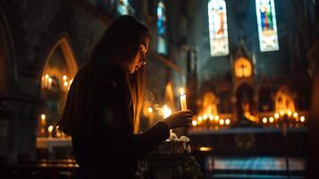 ai gegenereerd jong vrouw lichten kaars in vaag lit kerk temidden van gebrandschilderd glas en religieus symbolen foto