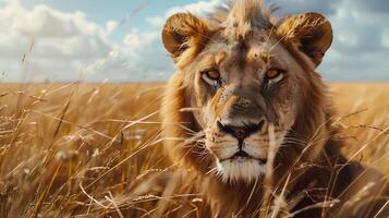 ai gegenereerd majestueus leeuw gevangen genomen in alarm blik omringd door wild gras en savanne hint foto