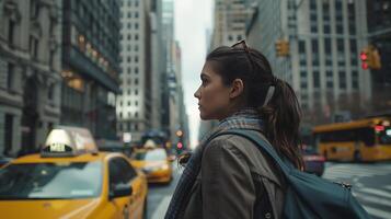 ai gegenereerd stedelijk vrouw gegroet geel taxi in de bruisend stadsgezicht foto