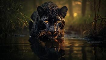 ai gegenereerd majestueus tijger staren, reflecterend schoonheid in rustig wildernis gegenereerd door ai foto