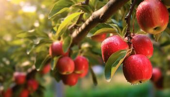 ai gegenereerd versheid van natuur rijp appel Aan groen blad gegenereerd door ai foto