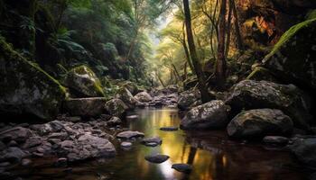 ai gegenereerd rustig tafereel van een groen Woud reflecterend in water gegenereerd door ai foto