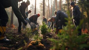 ai gegenereerd vrijwilligers aanplant jonge boompjes in Woud opruimen omarmd door zacht natuurlijk licht foto