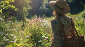 ai gegenereerd zonovergoten veld- wandeling vrouw met hoed en mand te midden van wilde bloemen ingelijst door Woud in 50 mm medium schot foto