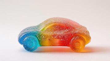 ai gegenereerd realistisch kleverig snoep vormig Leuk vinden een auto, met drie kleuren, elastisch textuur, en suiker strooi, ai gegenereerd foto