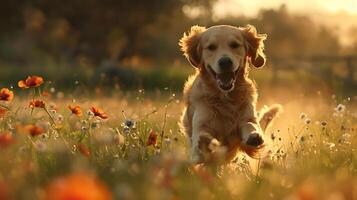 ai gegenereerd gouden retriever streepjes door wilde bloemen veld- badend in zacht natuurlijk licht foto