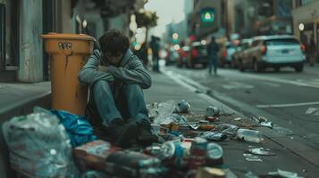 ai gegenereerd dakloos persoon rust te midden van stedelijk verwoesting omringd door weggegooid tekens en blikjes foto