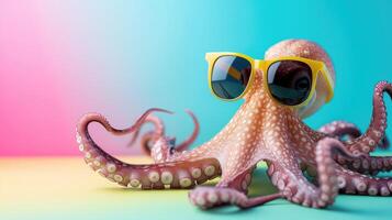 ai gegenereerd een grappig Octopus vervelend zonnebril stakingen een houding in een studio met een kleurrijk en helder achtergrond, ai gegenereerd foto