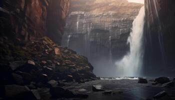 ai gegenereerd majestueus berg bereik, vloeiende water, rustig tafereel gegenereerd door ai foto