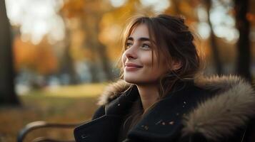 ai gegenereerd ontspannen vrouw omarmt park bank kalmte te midden van herfst gouden verhouding foto