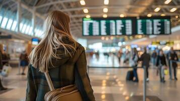 ai gegenereerd luchthaven commotie vrouw met Ga verder horloges vertrek bord in bruisend terminal foto