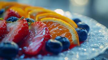 ai gegenereerd vers en kleurrijk fruit schotel rijp aardbeien sappig bosbessen en levendig sinaasappels geregeld Aan een wit bord foto