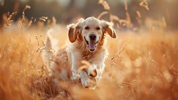 ai gegenereerd gouden retriever omarmt zonsondergang veld- 50 mm lens vangt intiem blik foto