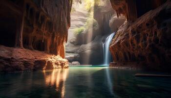 ai gegenereerd vloeiende water in een tropisch regenwoud, majestueus en rustig gegenereerd door ai foto