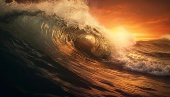 ai gegenereerd zonsondergang surfers rijden de golven, spatten in schemer gegenereerd door ai foto
