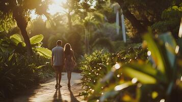 ai gegenereerd aanhankelijk paar wandelingen hand- in hand- door mooi park badend in zacht natuurlijk licht foto