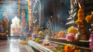 ai gegenereerd priester presteert kleurrijk Hindoe ritueel in versierd tempel te midden van bloem aanbiedingen foto